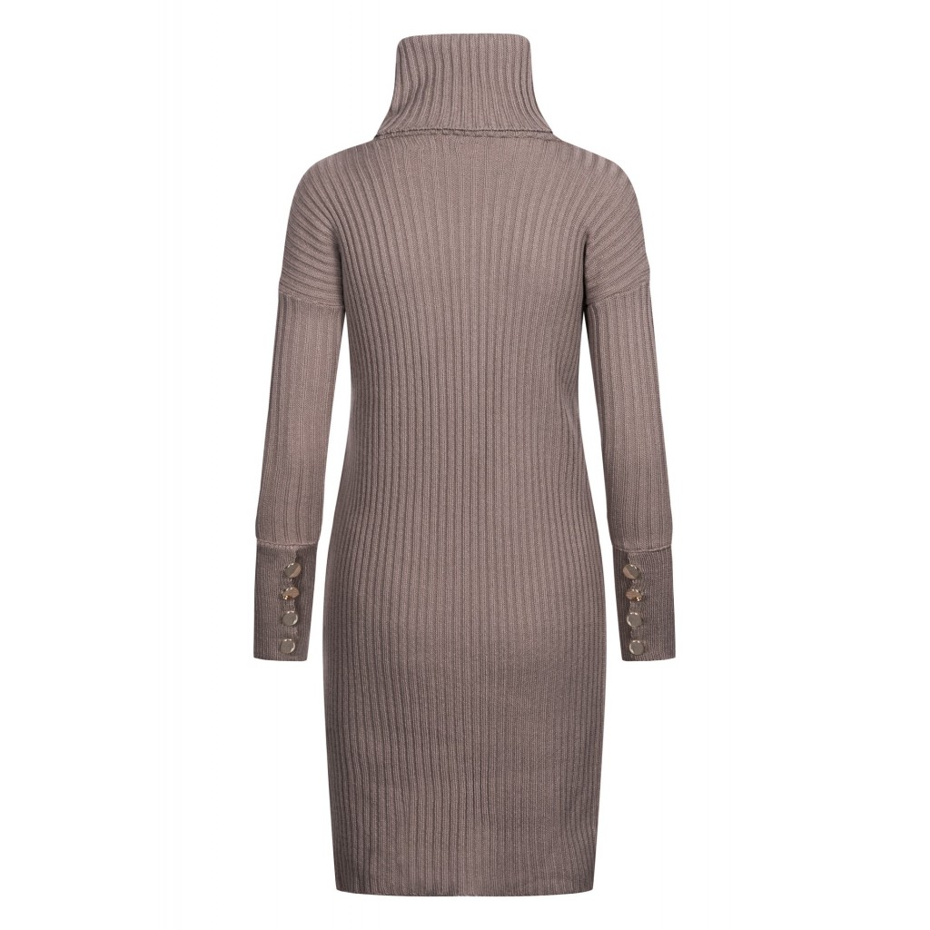 Swetrowa prążkowana sukienka z golfem i guzikami LS311