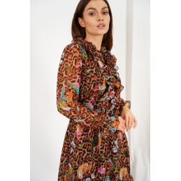 Szyfonowa sukienka z jedwabiem i żabotem wzór LG518